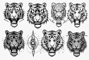 Ancient tiger with lightning and a sun for a forearm sleeve tattoo idea