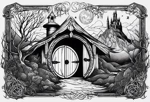 Lord of the rings and Harry Potter movie mashup. Small and simple. Hobbit door hole, wands, elvish writing, deathly hallows tattoo idea