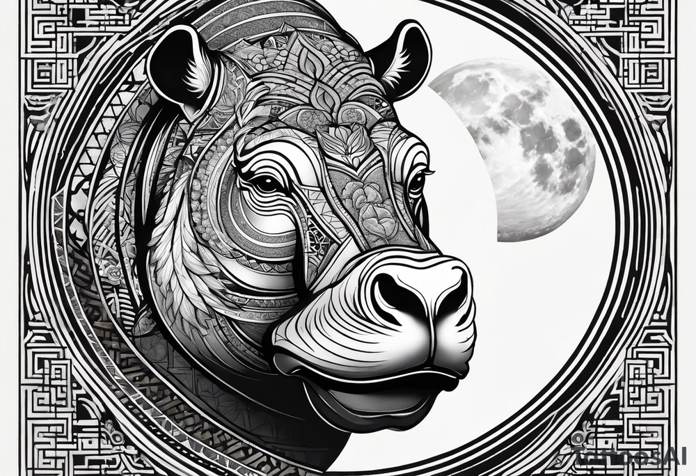 Very asymmetrical, +geometric pattern, with realistic full moon, with serious looking hippo, +zen feel, + Buddhism touch, +tribal, +geometric, +chinese inkart 
with wintersweet flower bud, +portrait orientation, +inkart touch, tattoo idea