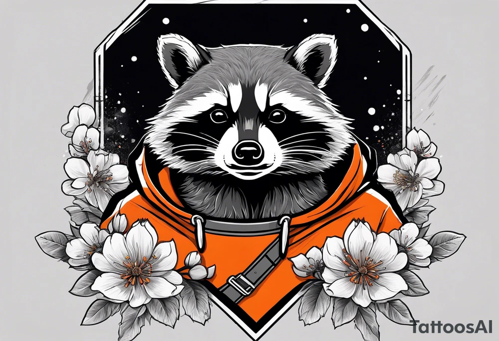 Raccoon wearing a white Superman logo on a black hoodie and orange Japanese cherry blossoms tattoo idea