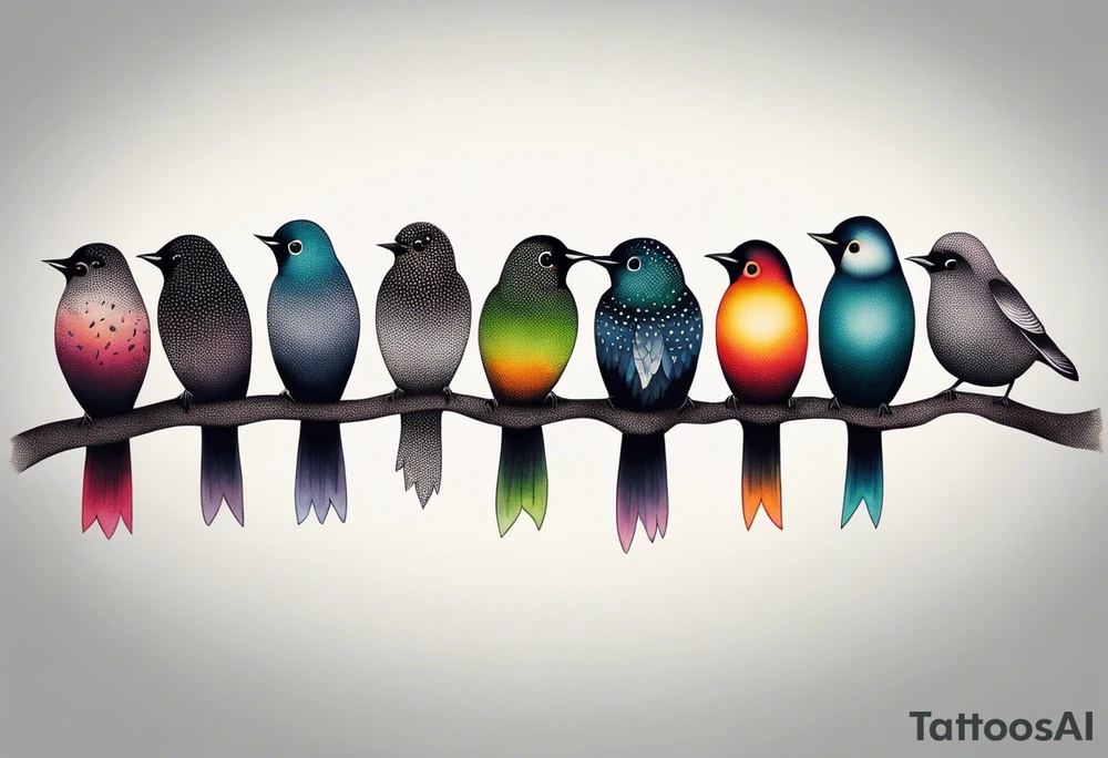 Seven small, colorful birds tattoo idea