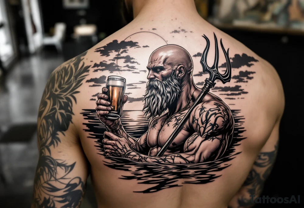 young, happy, fit, bald, poseidon in calm water, holding a trident, drinking a beer, with sunset, with ski boat tattoo idea