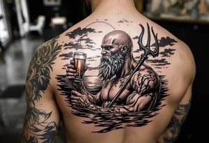 young, happy, fit, bald, poseidon in calm water, holding a trident, drinking a beer, with sunset, with ski boat tattoo idea