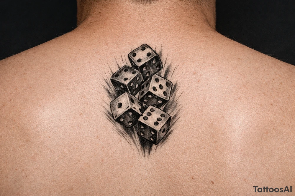 Five colorful dice tumbling mid-air, downward tattoo idea