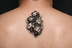 Five colorful dice tumbling mid-air, downward tattoo idea