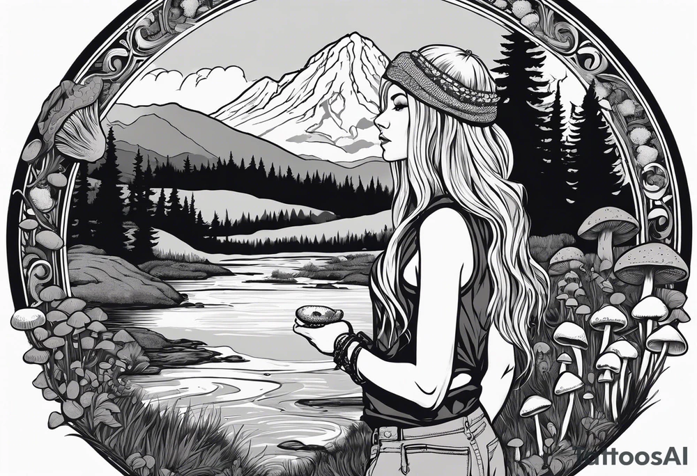 Whole picture encircled fully

Straight long blonde hair hippie girl in distance holding mushrooms in hand facing away toward mountains and creek surrounded by mushrooms long sleeve shirt and hiking pants; whole rendering within a full circle, no cut off circle tattoo idea