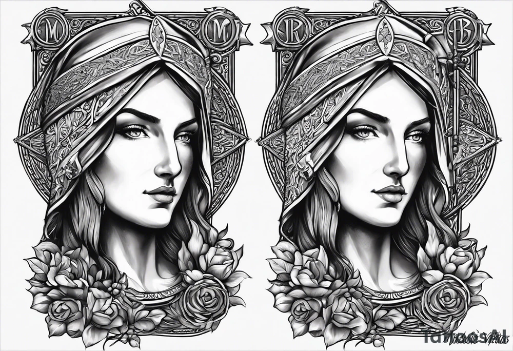 A full back piece themed on the surname mcbride and the irish saint bridget. It should not have her actual face in it. It should take inspiration from artwork of saint bridget holding fire in her hands. It should have the text Vincit Pericula Virtus on it tattoo idea
