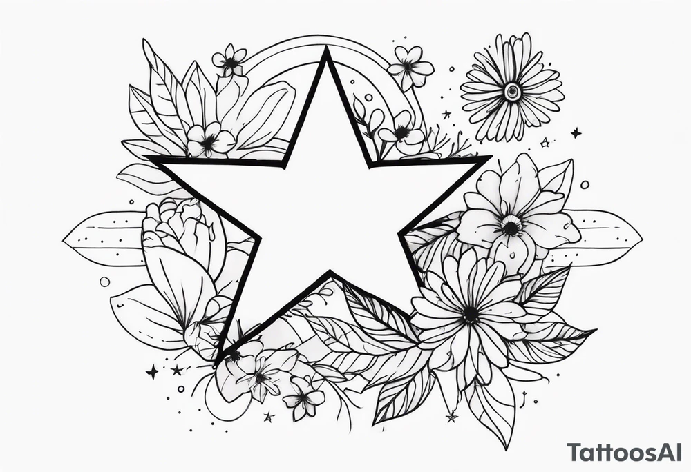 fine line with stars, floral, dots tattoo idea