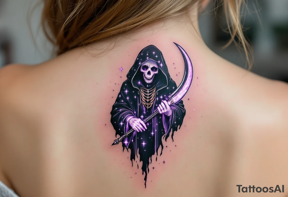 A celestial-themed Reaper with a starry black robe and a scythe glowing with soft white and pastel purple light. tattoo idea