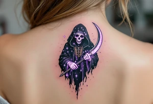 A celestial-themed Reaper with a starry black robe and a scythe glowing with soft white and pastel purple light. tattoo idea