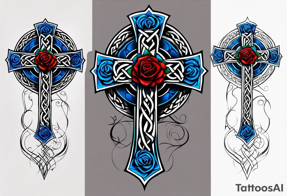 Celtic cross impaled by a blue rose tattoo idea