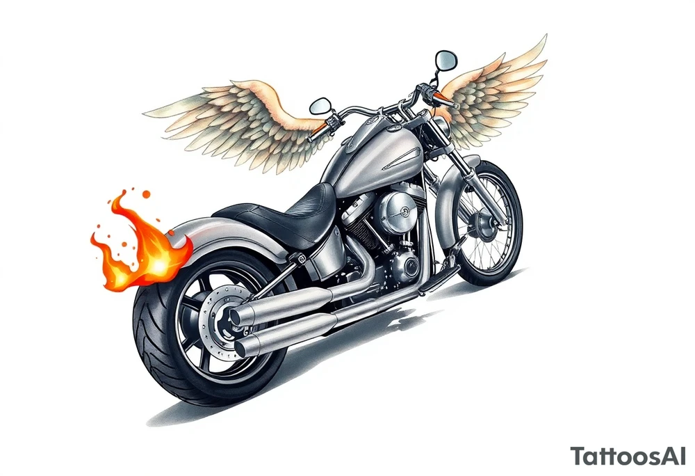 Low rider grey motorcycle, big muffler pipes with flames, angel wings, driving away, no person tattoo idea