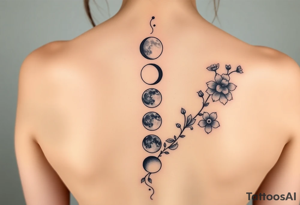 new moon, waxing crescent, first quarter, waxing gibbous, full moon, waning gibbous, third quarter, and waning crescent detailed down the spine with vines and different flowers along the sides shading and color tattoo idea