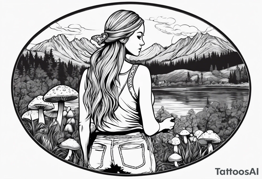 Whole picture encircled fully

Straight long blonde hair hippie girl in distance holding mushrooms in hand facing away toward mountains and creek surrounded by mushrooms long sleeve shirt and hiking pants; whole rendering within a full circle, no cut off circle tattoo idea