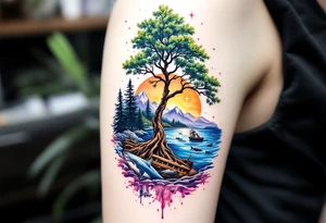 tattoo that has an acacia tree with forest mountains, ocean with a ship wreck with sharks and the bright northern star tattoo idea