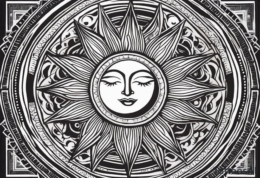 A symmetrical tattoo designed for the knee, featuring a sun with an eccentric, expressive face at the center. The sun’s rays extend sharply in a pointed, flame-like pattern, resembling heat waves, reaching downward toward the shin and upward above the knee. The design should have a dynamic and bold composition, with flowing yet angular lines that emphasize movement and symmetry. tattoo idea