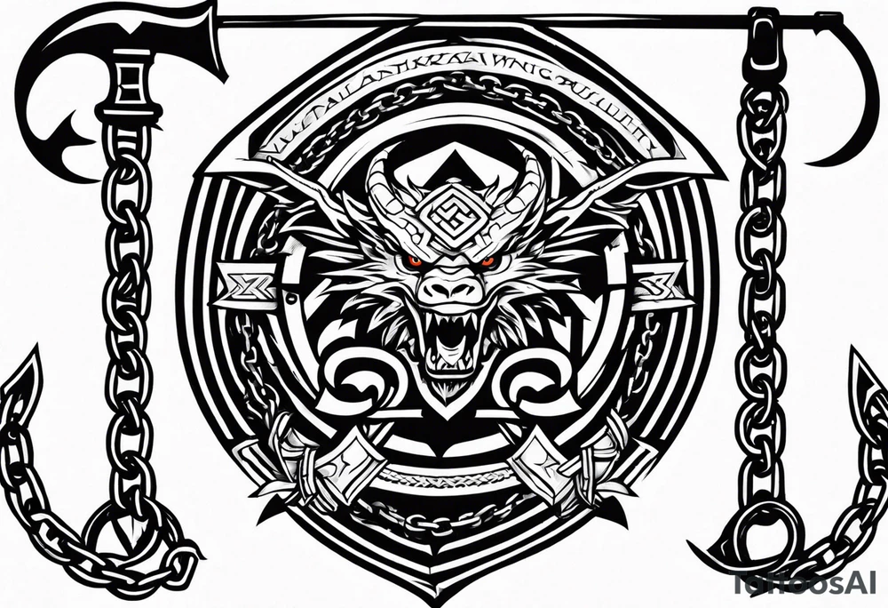 Valhalla sword shield dragon axe Valknut barbed wire chains tattoo idea Valhalla sword shield dragon axe Valknut barbed wire chains tattoo idea
