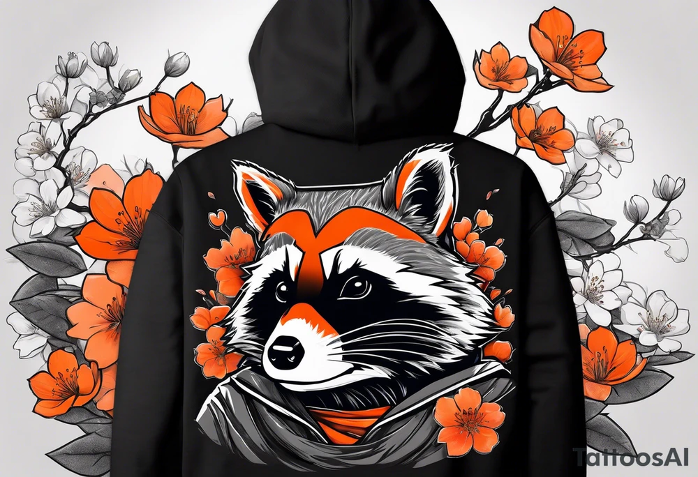 Raccoon wearing a white Superman logo on a black hoodie and orange Japanese cherry blossoms beside tattoo idea