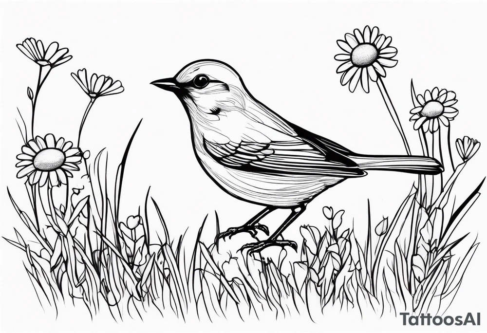 Little bird out perched on grass and daisys tattoo idea