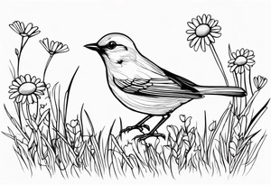 Little bird out perched on grass and daisys tattoo idea