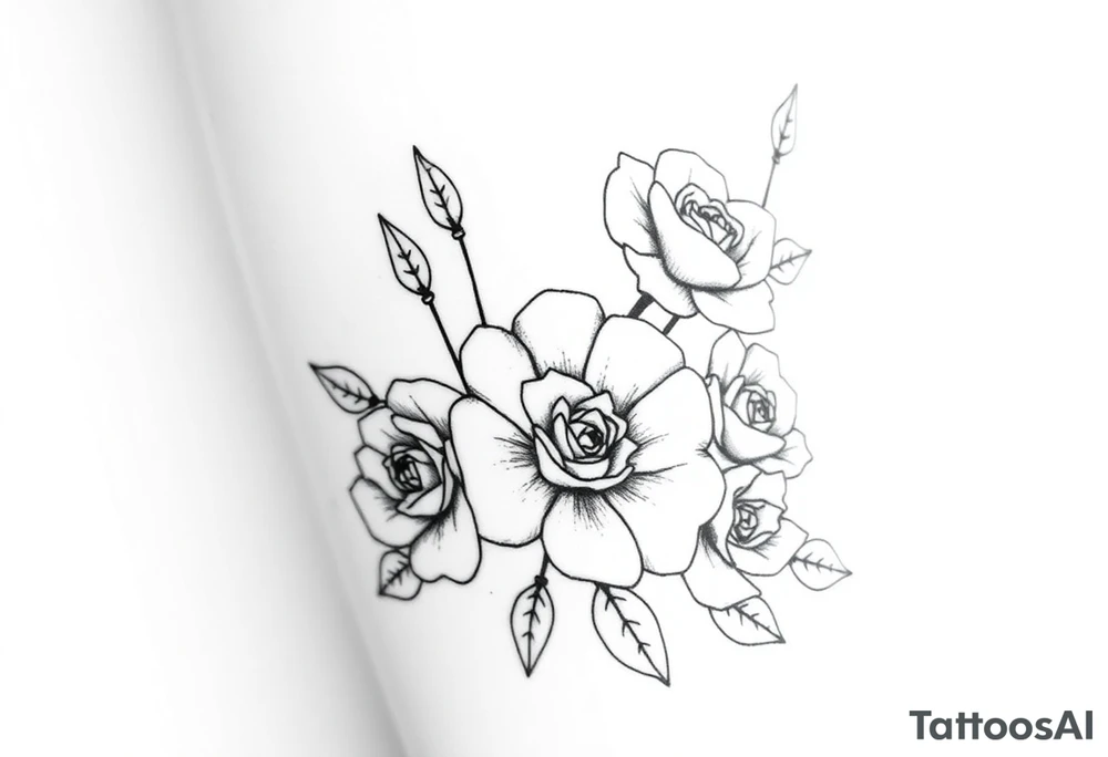 Tatuagem com traços finos com adagas e rosas tattoo idea