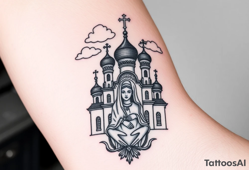 Russian Orthodox church with orthodox spire crosses, with clouds above it and a virgin mary seperately looking over hands on heart sat above tattoo idea