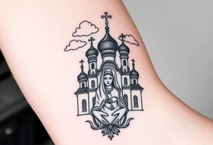Russian Orthodox church with orthodox spire crosses, with clouds above it and a virgin mary seperately looking over hands on heart sat above tattoo idea