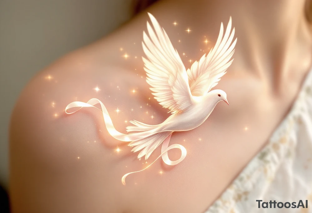 A majestic white dove with outstretched wings, gracefully soaring through the sky, with soft golden light illuminating its feathers. Delicate wisps of clouds swirl around it, creating a sense of movement and freedom. A flowing silk ribbon in soft pastel pink tattoo idea