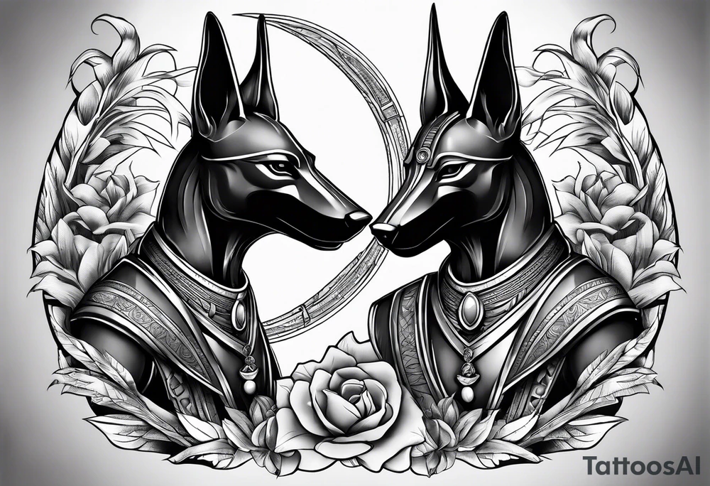 The war between Anubis  and ra tattoo sleeve design
Building and people tattoo idea