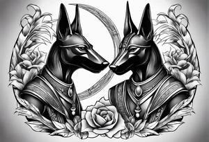 The war between Anubis  and ra tattoo sleeve design
Building and people tattoo idea