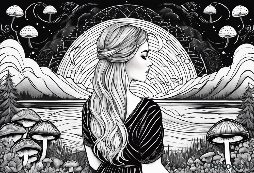Straight blonde hair girl holding mushrooms in hand meditating facing away toward mountains surrounded by mushrooms crescent moon mandala circular design black and white striped dress tattoo idea