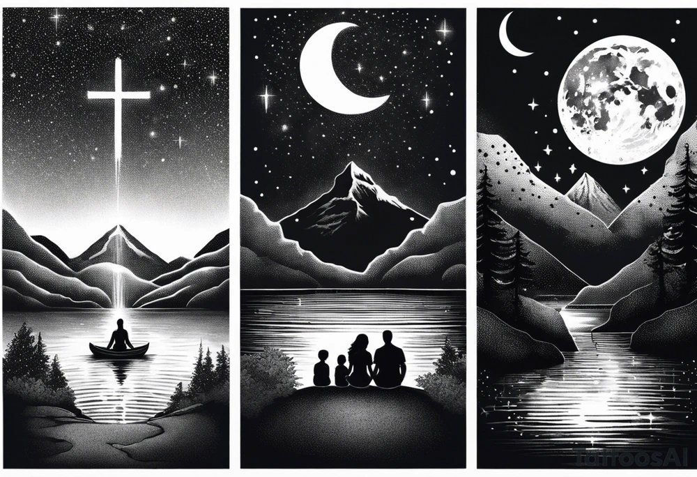 a family of three sitting in a nature with mountains, waterfall, water, and a cross in the background and and moon in the sky with stars tattoo idea