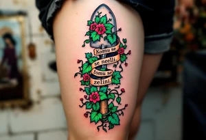 "Komu se neleni, tomu se zeleni." — Lush green vines wrapping around a pair of hard-working hands holding a trowel, with the phrase blooming along the handle. tattoo idea