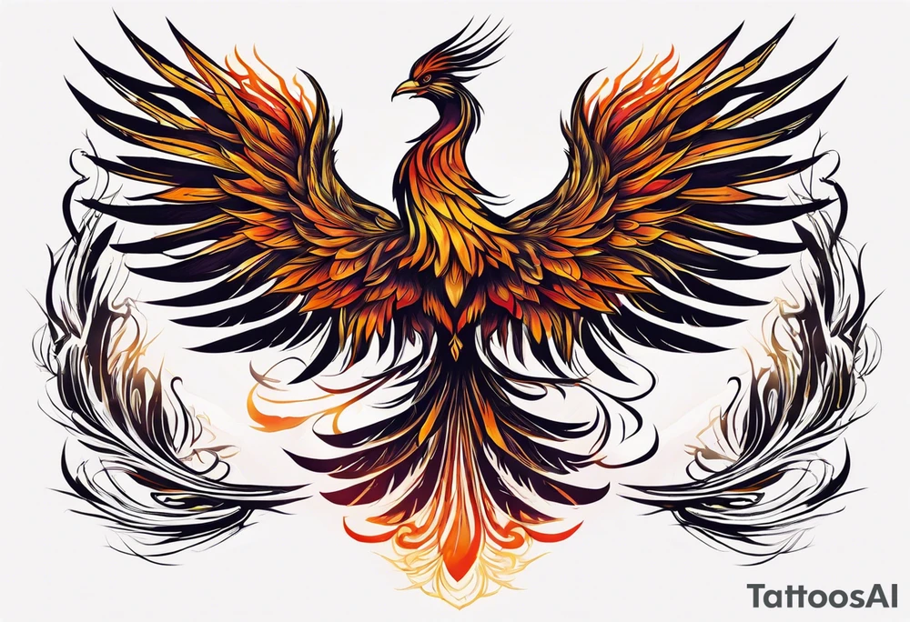 A majestic fire phoenix, rising powerfully with its wings spread wide and feathers flowing, representing rebirth and resilience. The phoenix is detailed with intricate feathers, creating a sense of movement and vitality. The design is bold, with deep shading and texture that adds dimension and intensity to its form. tattoo idea