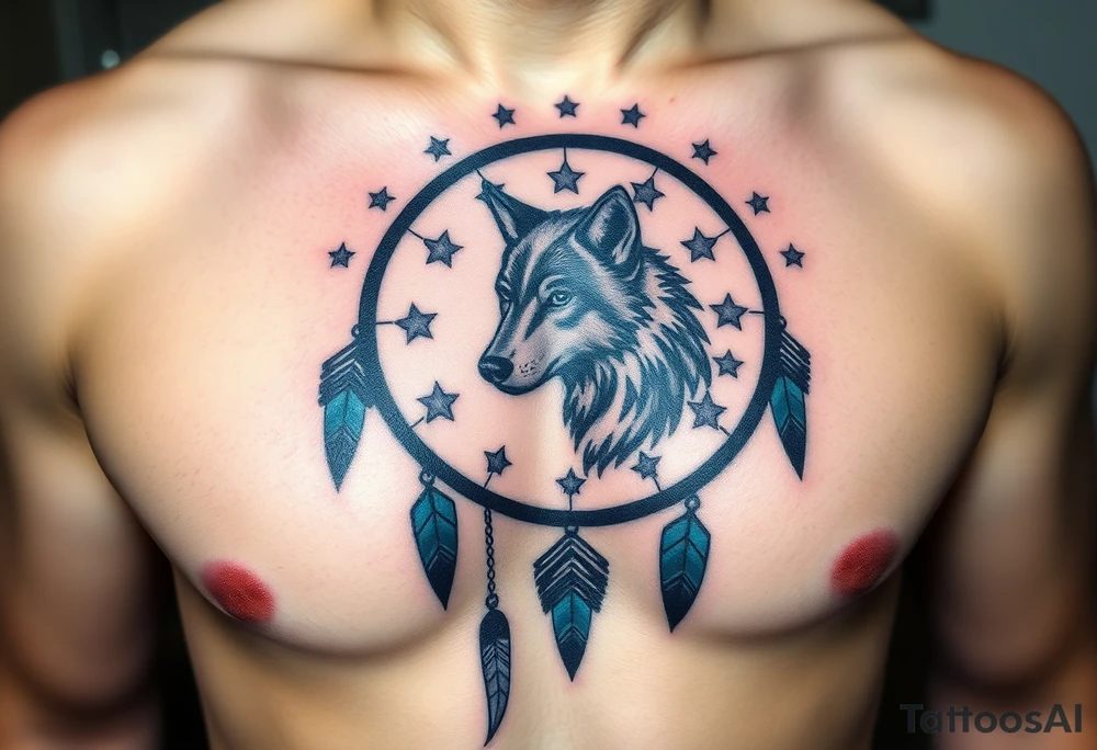 A wolf’s silhouette within a dreamcatcher, with stars scattered across the background. The wolf is shaded in black and gray, and the dreamcatcher is deep indigo with teal accents tattoo idea