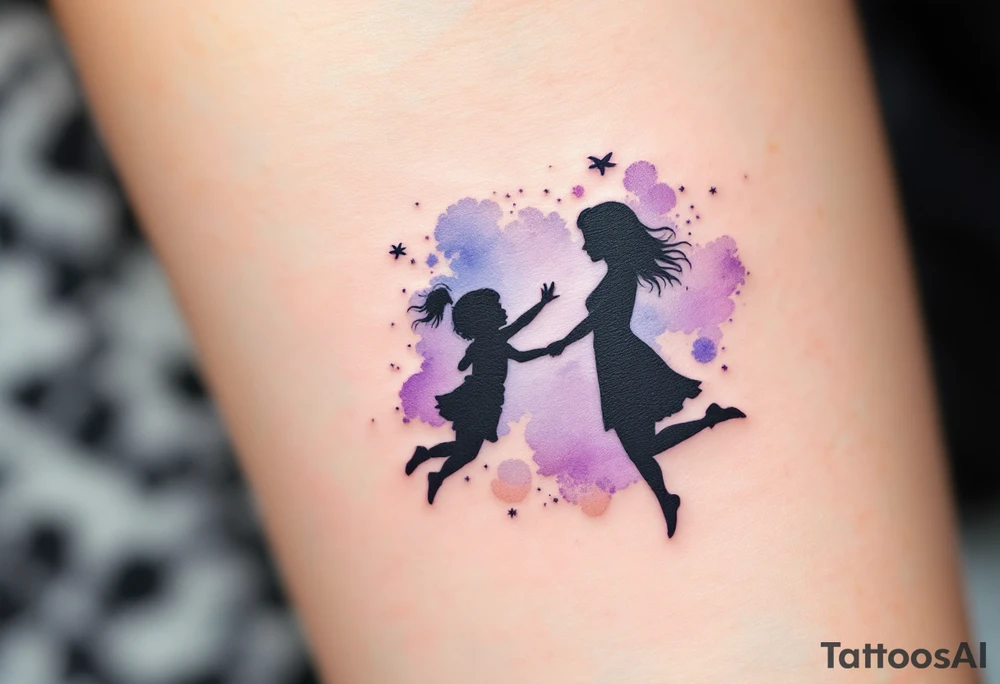 Silhouette of a mother and toddler daughter playing airplane, done in soft black with a faint watercolor wash in pale purple behind them. tattoo idea