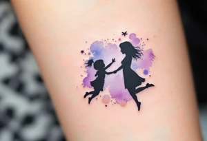 Silhouette of a mother and toddler daughter playing airplane, done in soft black with a faint watercolor wash in pale purple behind them. tattoo idea
