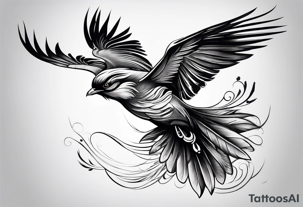 elegant long feathered bird in flight tattoo idea