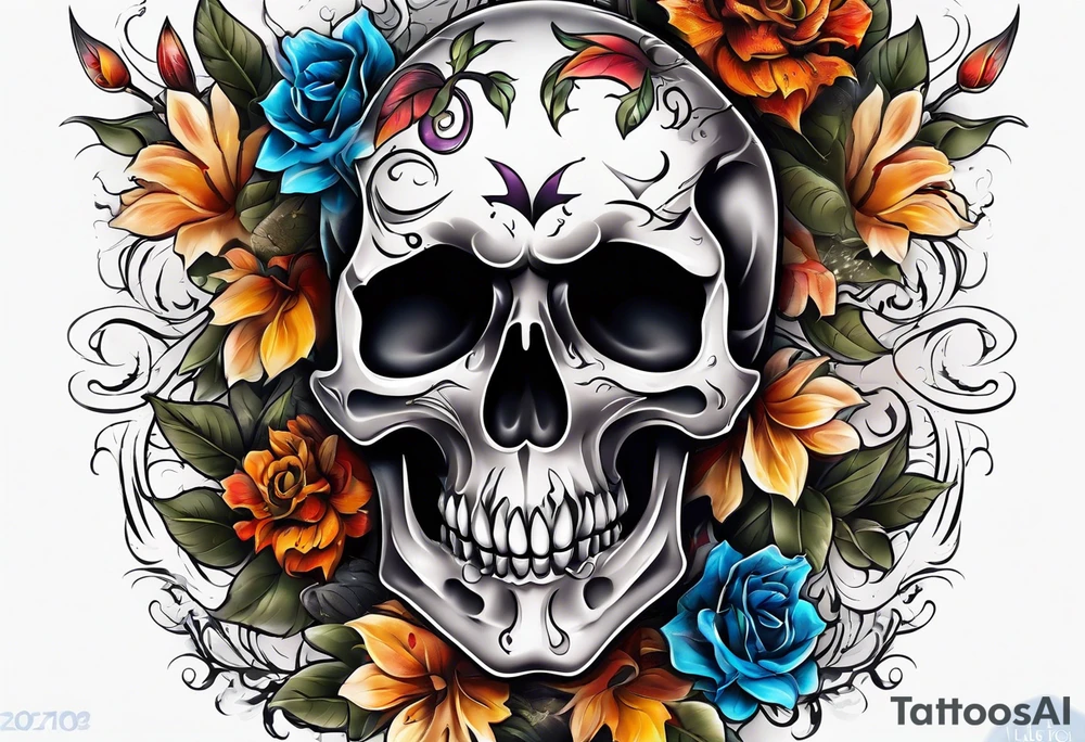 center Knee tattoo with realistic evil skull, various flowers, water and fall colors tattoo idea