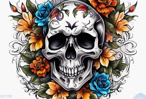 center Knee tattoo with realistic evil skull, various flowers, water and fall colors tattoo idea