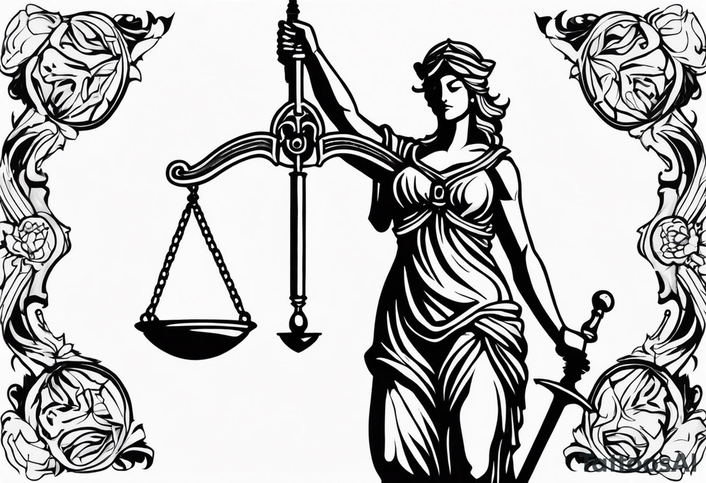 Lady justice with blindfolded eyes, holding a sword in the one hand and a libra in the other tattoo idea