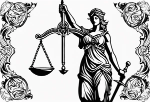 Lady justice with blindfolded eyes, holding a sword in the one hand and a libra in the other tattoo idea
