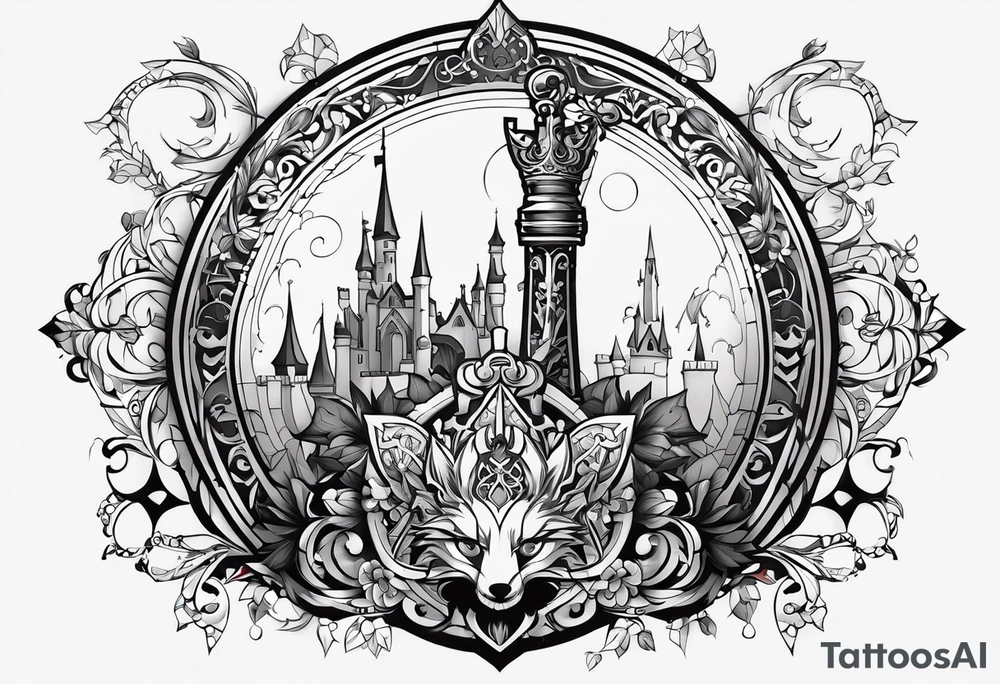 Renard sur un fond boussole. Il faut une clé ( style keyblade dans kingdom hearts. Tatouage sur l'avant bras tattoo idea