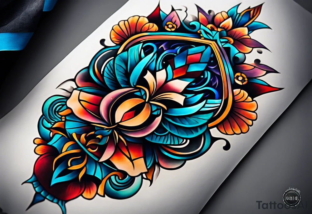 semi Detailed neo traditional knee tattoo flat on paper. The tattoo features geometric patterns and bold lines, creating a visually striking design with slight tints of deep fall colors. The background 
outside the tattoo features deep blues washes and water swirls tattoo idea
