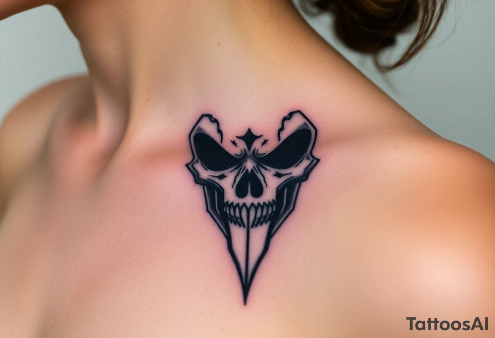 A Death Eater mask with battle scars, cracked from countless duels, with dark energy emanating from within tattoo idea