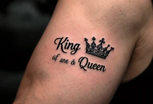 A minimalist black crown pair with the word "King" in bold script and "Queen" in elegant cursive, symbolizing unity in style. tattoo idea