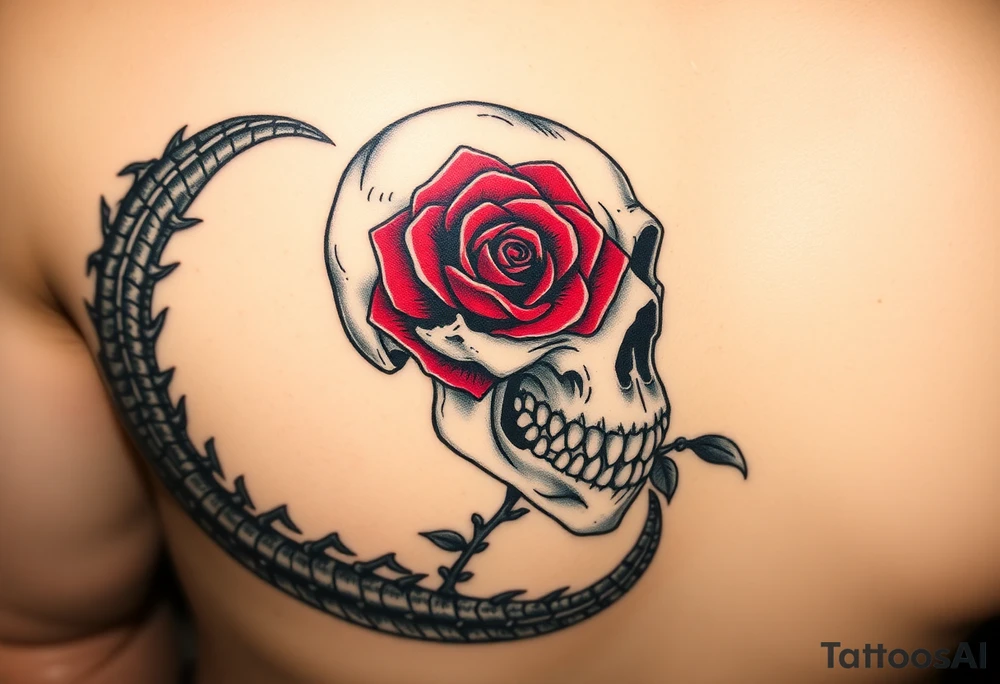 the Tudor rose at the center, all crimson petals edged in black velvet thorns, blooming right out of the skull’s eye socket like it’s growing from his bones. The skull’s grinning, but soft—like he’s in on the joke. And the alligator? He’s coiled around the whole thing, tail curling under the jaw, jaws open just enough to show teeth that look... almost tender. Like he’s protecting it. Or about to eat it.
Maybe a little mist, some ivy creeping up the spine of the rose. Dark greens, deep reds, charcoal shadows. No brights—just that old, heavy velvet feeling. tattoo idea