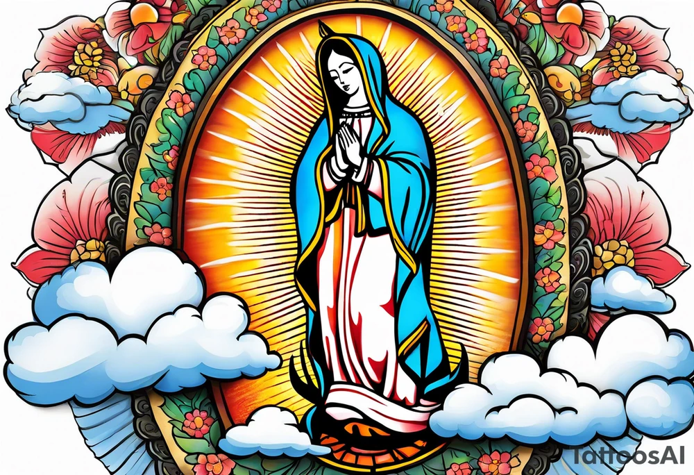 Virgen de Guadalupe with angel , clouds tattoo idea