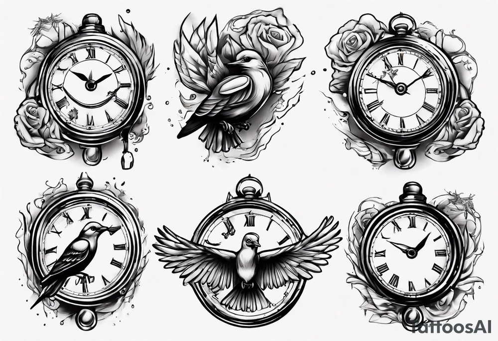 bird burns the clock tattoo idea