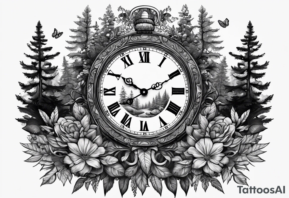 Clock centerpiece surrounded by forest tattoo idea